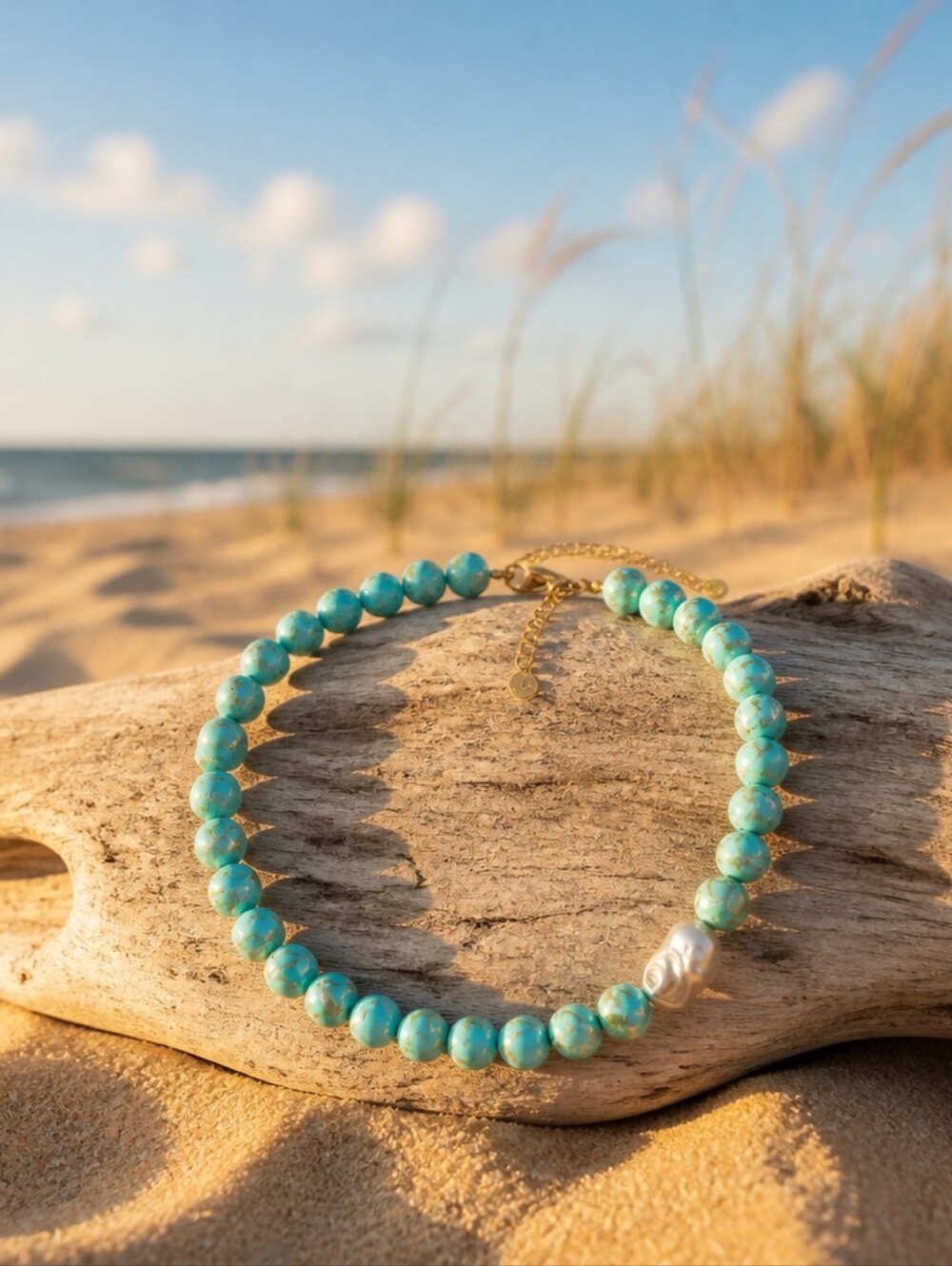 Mayamar Turquoise Bead Necklace with Baroque Pearl & Gift Bag - Picture 2 of 5